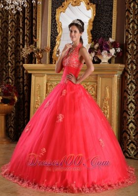 Gorgeous Coral Red Quinceanera Dress Halter Appliques Tulle Ball Gown  for Sweet 16