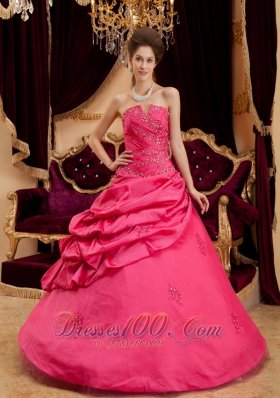 Best Coral Red Quinceanera Dress Strapless Taffeta Appliques Ball Gown  for Sweet 16