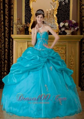 Popular Teal Quinceanera Dress Sweetheart Organza Appliques Ball Gown  for Sweet 16