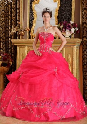 Coral Red Ball Gown Strapless Floor-length Organza Appliques Quinceanera Dress  for Sweet 16