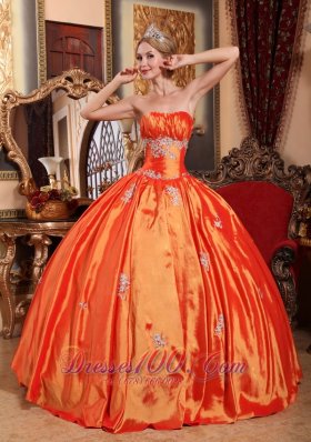 Simple Orange Red Quinceanera Dress Strapless Taffeta Appliques Ball Gown  for Sweet 16