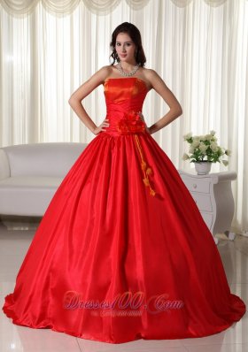 Red Ball Gown Strapless Floor-length Taffeta Ruched Quinceanera Dress  for Sweet 16