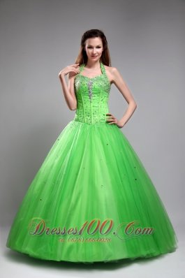 Cute Spring Green Sweet 16 Dress Halter Tulle Beading Ball Gown  for Sweet 16