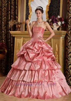 Discount Watermelon Red Quinceanera Dress Strapless Taffeta Beading Ball Gown