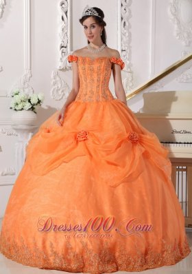 Chic Orange Quinceanera Dress Off The Shoulder Taffeta and Organza Appliques and Hand Made Flowers Ball Gown