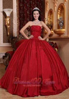 Red Ball Gown Strapless Floor-length Taffeta Beading Quinceanera Dress