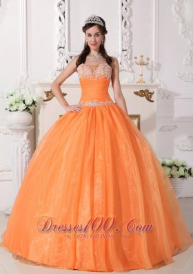 Cute Orange Quinceanera Dress Strapless Taffeta and Organza Appliques Ball Gown