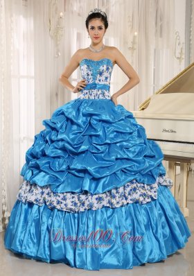 Beaded and Pick-ups For Aqua Blue Quinceanera Dress Taffeta and Printing In Hanalei City Hawaii