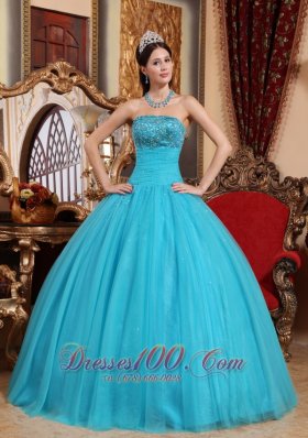 Puffy Popular Teal Quinceanera Dress Strapless Tulle Embroidery with Beading Ball Gown