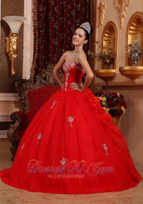 Puffy Luxurious Red Quinceanera Dress Sweetheart Organza Appliques Ball Gown
