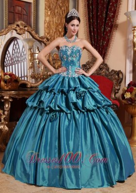 Puffy Luxurious Teal Quinceanera Dress Sweetheart Taffeta Appliques Ball Gown