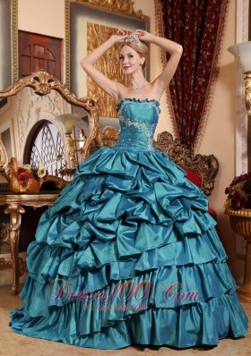 Puffy Popular Teal Quinceanera Dress Strapless Taffeta Appliques and Pick-ups Ball Gown