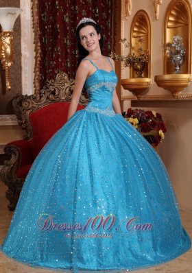 Puffy Blue Ball Gown Spaghetti Straps Floor-length Sequined Beading Quinceanera Dress