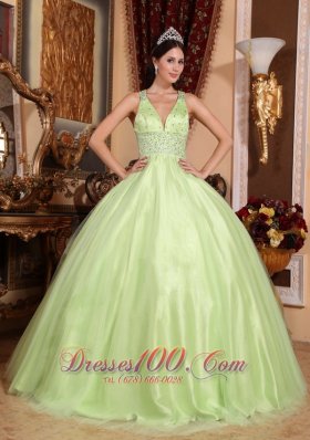 Puffy Simple Yellow Green Quinceanera Dress V-neck Tulle and Taffeta Beading Ball Gown