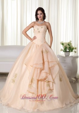 Puffy Champagne Ball Gown Strapless Floor-length Organza Embroidery Quinceanera Dress