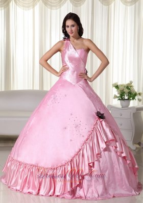 Puffy Baby Pink Ball Gown One Shoulder Floor-length Taffeta Beading Quinceanera Dress