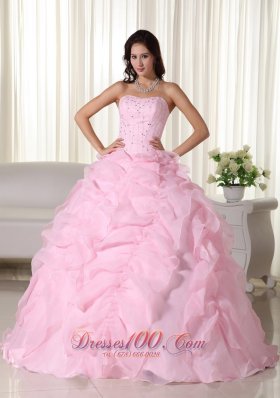 Puffy Pink Ball Gown Strapless Floor-length Organza Beading Quinceanera Dress