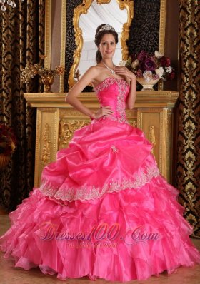 2013 Beautiful Hot Pink Quinceanera Dress Strapless Organza Ball Gown