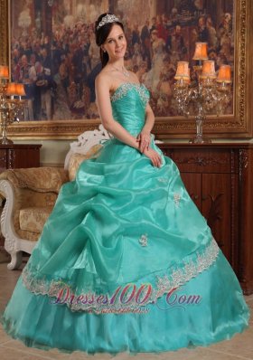 2013 Brand New Turquoise Quinceanera Dress Sweetheart Appliques Organza Ball Gown