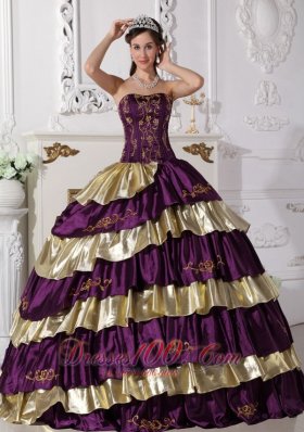 2013 Sweet Purple and Gold Quinceanera Dress Strapless Floor-length Taffeta Embroidery Ball Gown