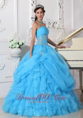 2013 Aqua Blue Ball Gown Strapless Floor-length Organza Beading Quinceanera Dress