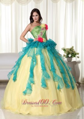 2013 Teal and Yellow Ball Gown Strapless Floor-length Organza Beading Quinceanera Dress
