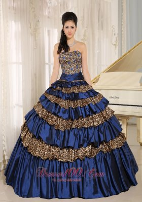 2013 Navy Blue Leopard Ruffled Layers and Appliques With Beading Quinceanera Dress For Custom Made Hilo City Hawaii