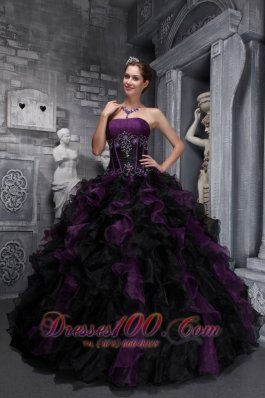 2013 Exclusive Dark Purple and Black Quinceanera Dress Strapless Taffeta and Organza Appliques and Ruffles Ball Gown