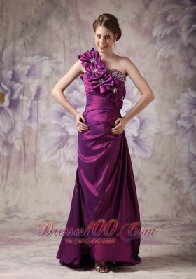 Best Beautiful Eggplant Purple Column One Shoulder Prom Dress Taffeta Beading And Hand Made Flowers Floor-length