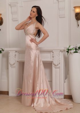 Best Light Pink Column Straps Brush Train Taffeta Beading Prom / Pageant Dress