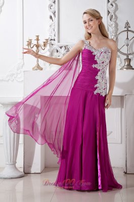 Best Fuchsia Empire One Shoulder Appliques Prom Dress Floor-length Chiffon and Elastic Woven Satin
