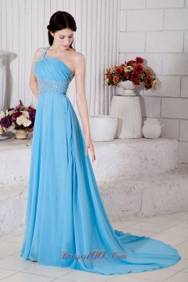 Best Aqua Blue Empire One Shoulder Prom Dress Chiffon Beading Brush Train