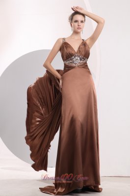 Best Sexy Brown Empire Straps Prom / Evening Dress Brush Train Elastic Woven Satin Beading