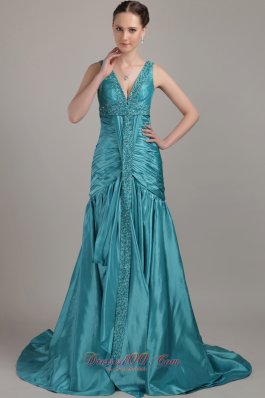 Best Teal A-line V-neck Brush Train Taffeta Beading and Ruch Prom / Evening Dress