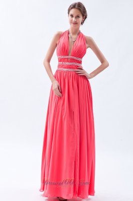 Best Watermelon Empire Halter Prom Dress Chiffon Beading Floor-length