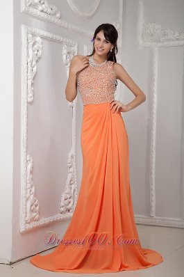 Best Sexy Orange Column One Shoulder Brush Train Chiffon Beading Evening Dress