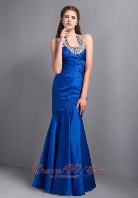 On Sale Customize Royal Blue Mermaid Halter Beading Prom Dress Ankle-length Taffeta