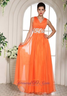 On Sale Orange Red V-neck Ruched Decorate Bust and Beading Popular Prom Celebrity Dress