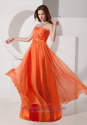 On Sale Orange Red Empire Evening Dress Strapless Chiffon Ruch Floor-length