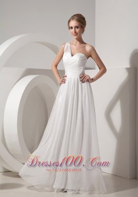 On Sale White Empire One Shoulder Beach Wedding Dress Organza Ruch Floor-length