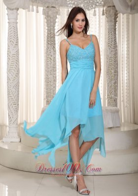 On Sale Baby Blue Empire Straps Asymmetrical Chiffon Ruch Prom Dress