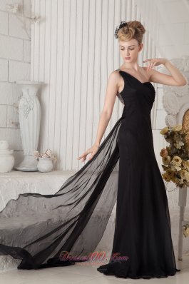 On Sale Black Column One Shoulder Prom Dress Brush Train Chiffon Ruch and Beading