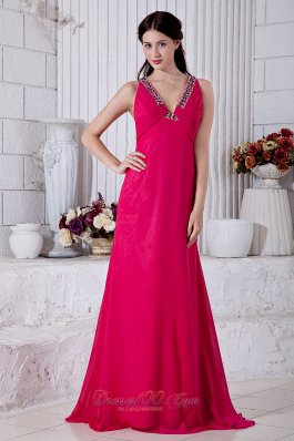 On Sale Coral Red Empire Prom / Evening Dress V-neck Brush Train Chiffon Beading