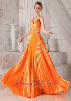 On Sale Orange Red Empire Spaghetti Straps Court Train Elastic Woven Satin Pleat Prom Dress