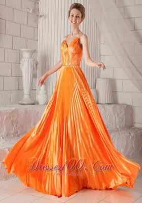 On Sale Orange Red Empire Spaghetti Straps Court Train Elastic Woven Satin Pleat Prom Dress