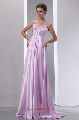 On Sale Lavender A-line Halter Appliques Junior Prom / Evening Dress Brush Train Elastic Woven Satin