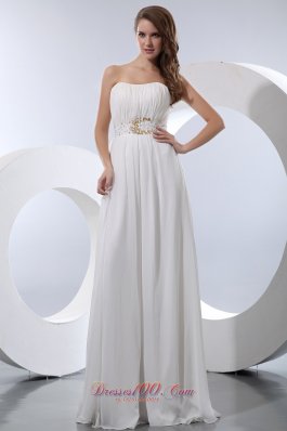 On Sale White Empire Strapless Floor-length Chiffon Beading Prom Dress