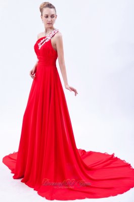 On Sale Red Empire One Shoulder Court Train Chiffon Appliques Homecoming Dress