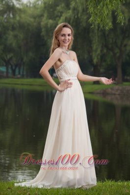 On Sale White Empire Strapless Brush/Sweep Chiffon Beading Prom Dress