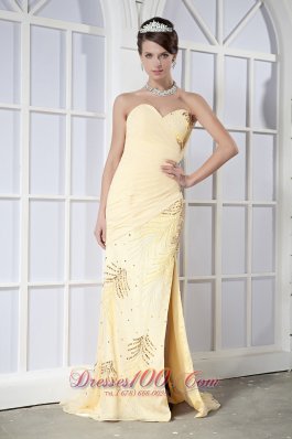 On Sale Light Yellow Column Sweetheart Brush Train Chiffon Sequins Prom Dress